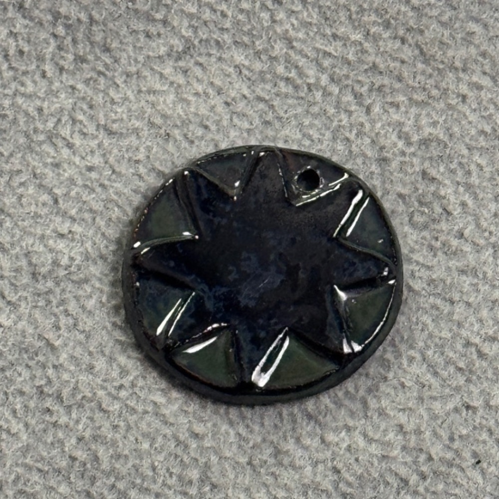Handmade Ceramic Starburst Pendant Navy Blue Glazed Pottery Artist Signed 1.25"